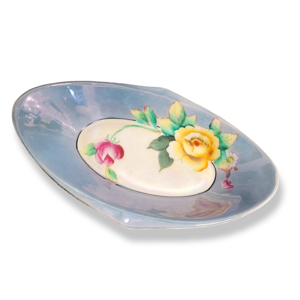 Noritake Lusterware Jewelry Trinket Dish Hand Painted Trinket Blue Floral Japan